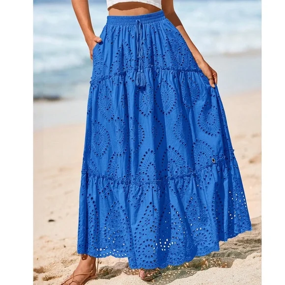 Boho Royal Blue Eyelet Stretchy waist Lined Maxi Skirt - Picture 5 of 12